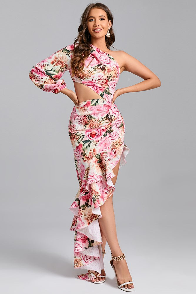 Ruffler™ - Onregelmatige bloemige maxi jurk met schuine schouders