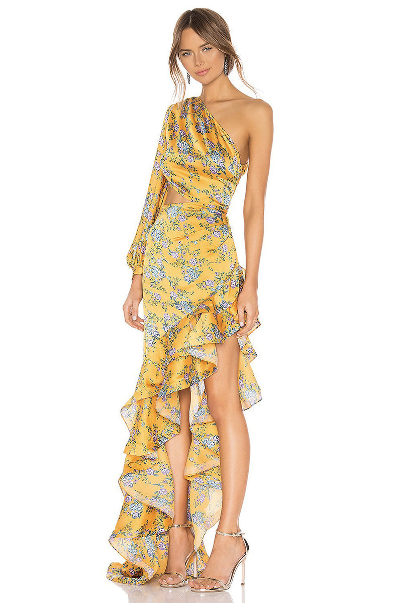 Ruffler™ - Onregelmatige bloemige maxi jurk met schuine schouders